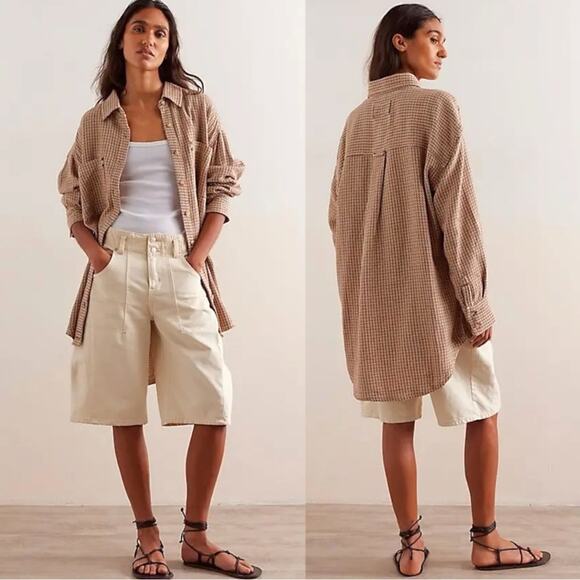 Free People Large Freddie Menswear Oversized Shirt Jacket Shacket Neutral Plaid - Picture 1 of 12